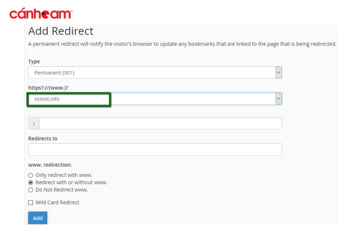 Giao diện thiết lập Redirect trên CPanel