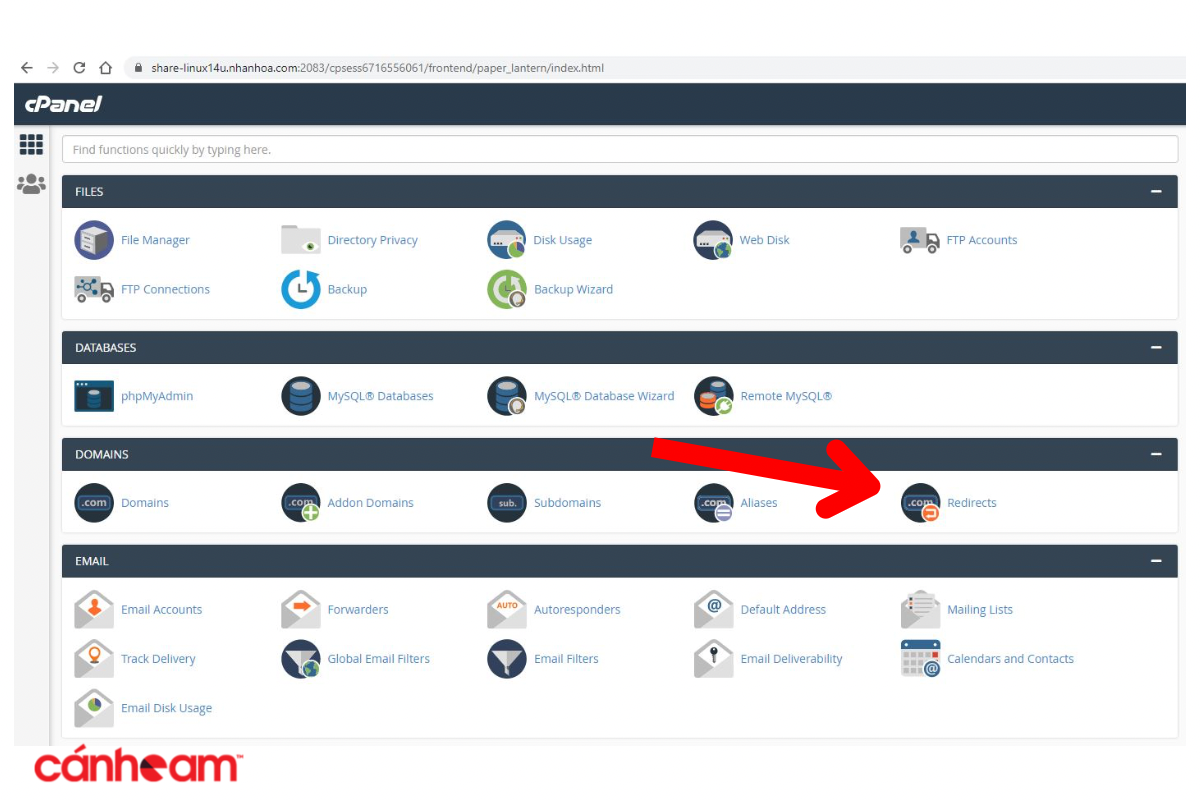 Tìm kiếm tính năng Redirects trên cPanel