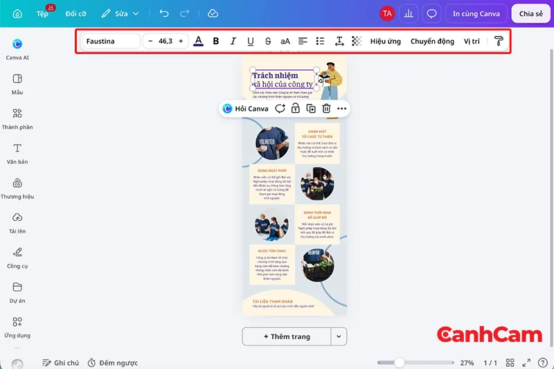 bước 2 điều chỉnh phông chữ cỡ chữ và cách trình bày nội dung trên mẫu infographic