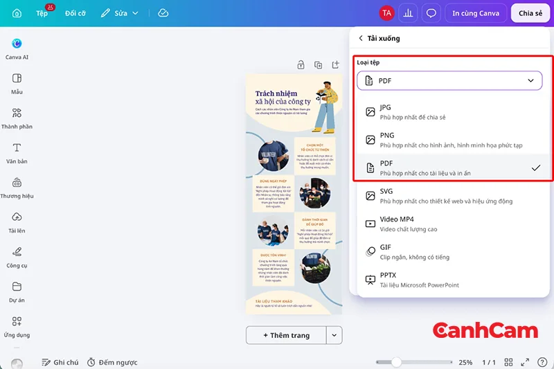 Lựa chọn định dạng PNG, JPG hoặc PDF cho infographic