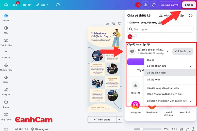 Bước 5 thiết lập quyền xem, bình luận hoặc chỉnh sửa thiết kế infographic