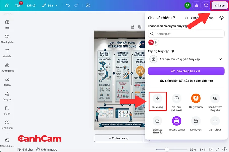 Mở mục Tải xuống sau khi hoàn thiện thiết kế infographic