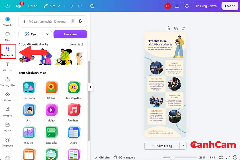 Thêm hình dạng biểu tượng và biểu đồ từ mục Thành phần để làm infographic