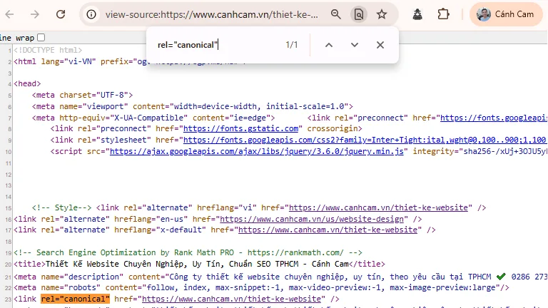 Cách kiểm tra Canonical trên website bằng cách View page source