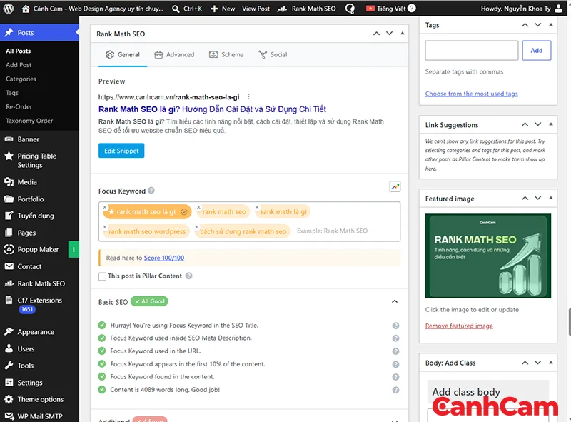 Ảnh rank marth trong bài viết trên giao diện CMS WordPress