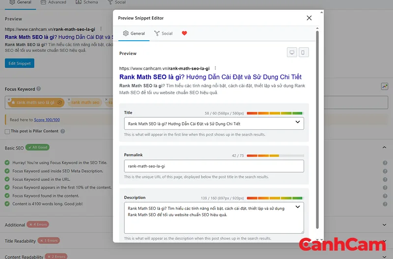 Giao diện Snippet Editor để chỉnh sửa title và meta description trong Rank Marth SEO