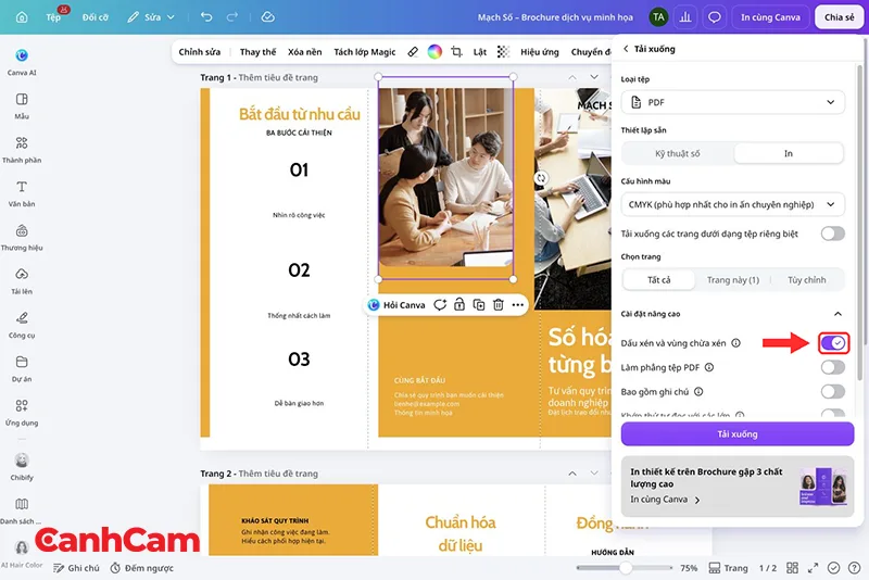 Kiểm tra thiết lập PDF in và tùy chọn dấu xén theo yêu cầu nơi in