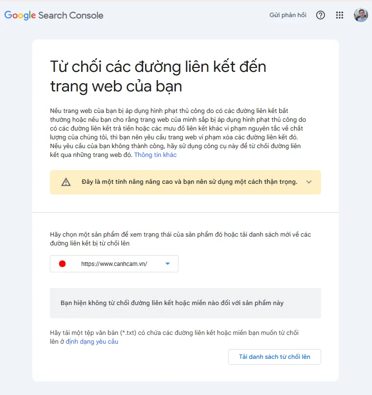 Giao diện công cụ Disavow Link