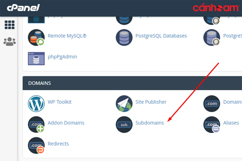 Chọn mục Subdomains trong cPanel để tạo tên miền phụ