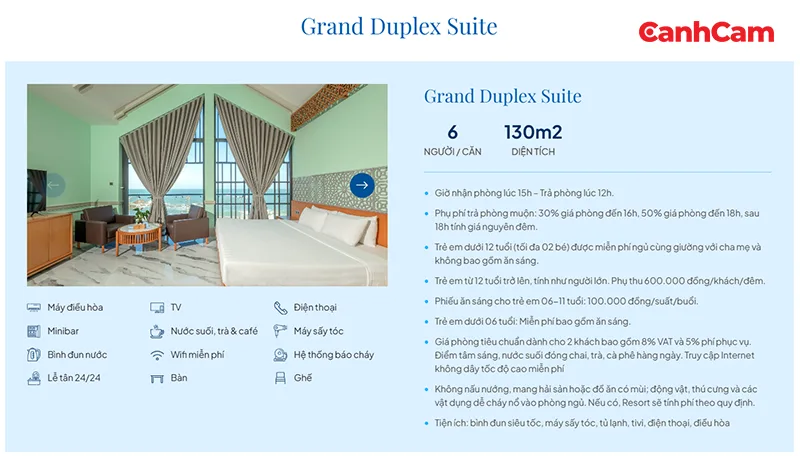 Thông tin chi tiết phòng được Cánh Cam thiết kế cho website Trân Châu Beach & Resort