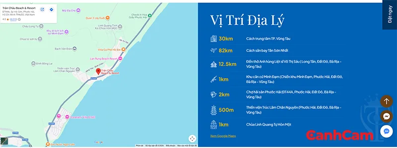 Website Trân Châu Beach & Resort được Cánh Cam thiết kế có tích hợp Google Map và chỉ đường