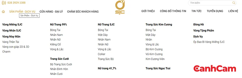 thanh menu điều hướng của website SJC do Cánh Cam thiết kế