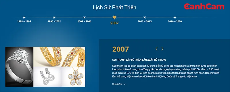 Trang lịch sử phát triển của website SJC mà Cánh Cam đã thiết kế