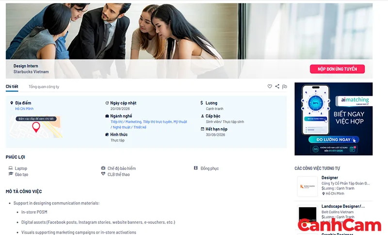 Nút CTA ứng tuyển rõ ràng trên website tuyển dụng website careerviet do Cánh Cam thiết kế