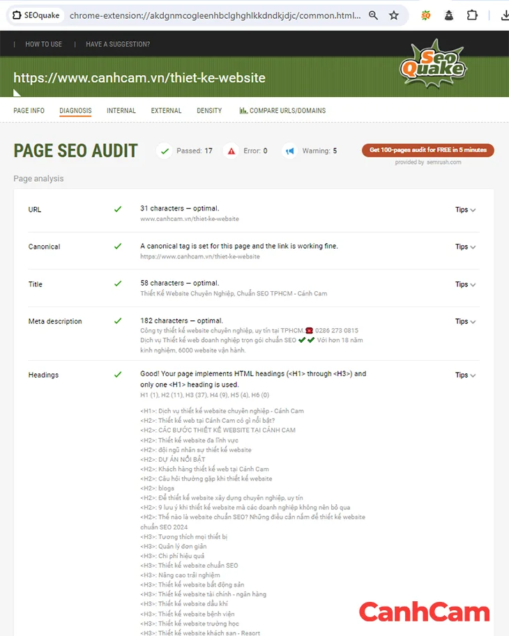 Sử dụng SEOQuake để kiểm tra các thẻ Heading của website