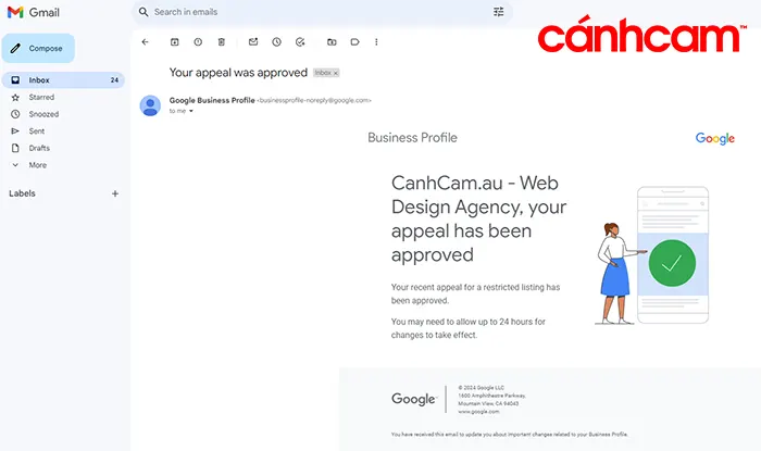 Email xác nhận đã hoàn thành xác nhận Google my business