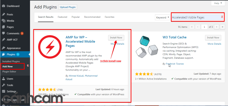 Click vào Plugins > chọn Add New trong WordPress, tìm từ khóa AMP và nhấn Install để cài đặt