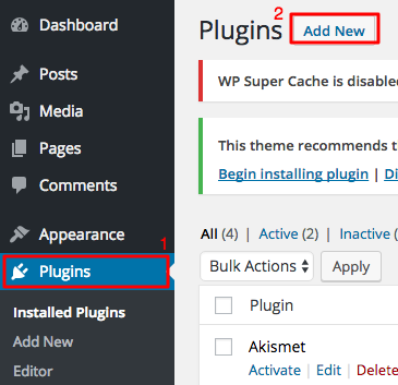 Bước 1: Click chuột vào mục Plugins và chọn Add New.