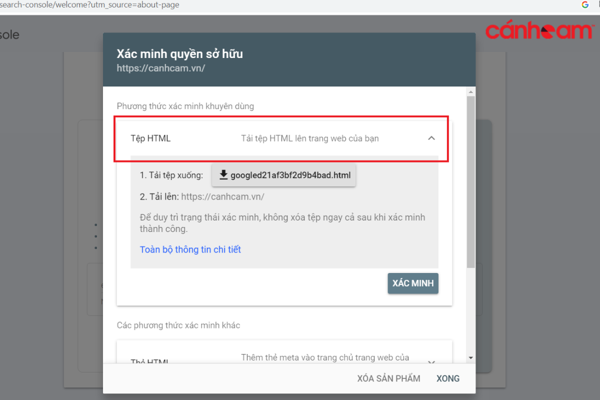 Cách xác minh Google Search Console qua tải tệp HTML lên website