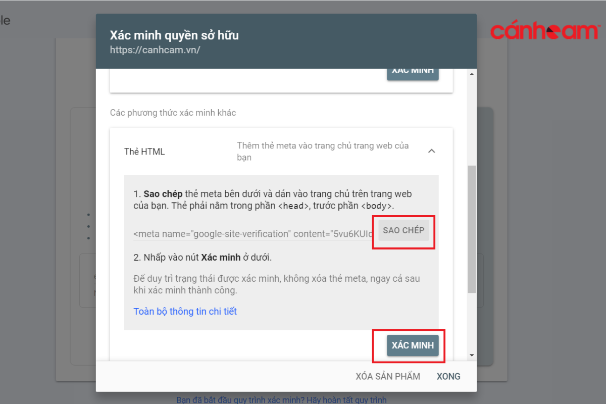 Sao chép thẻ, dán vào web rồi ấn xác minh Google Search Console