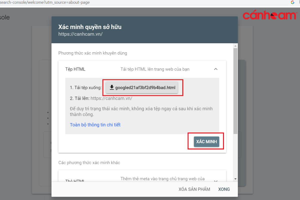 Tải file HTML lên website rồi ấn xác minh Google Search Console.