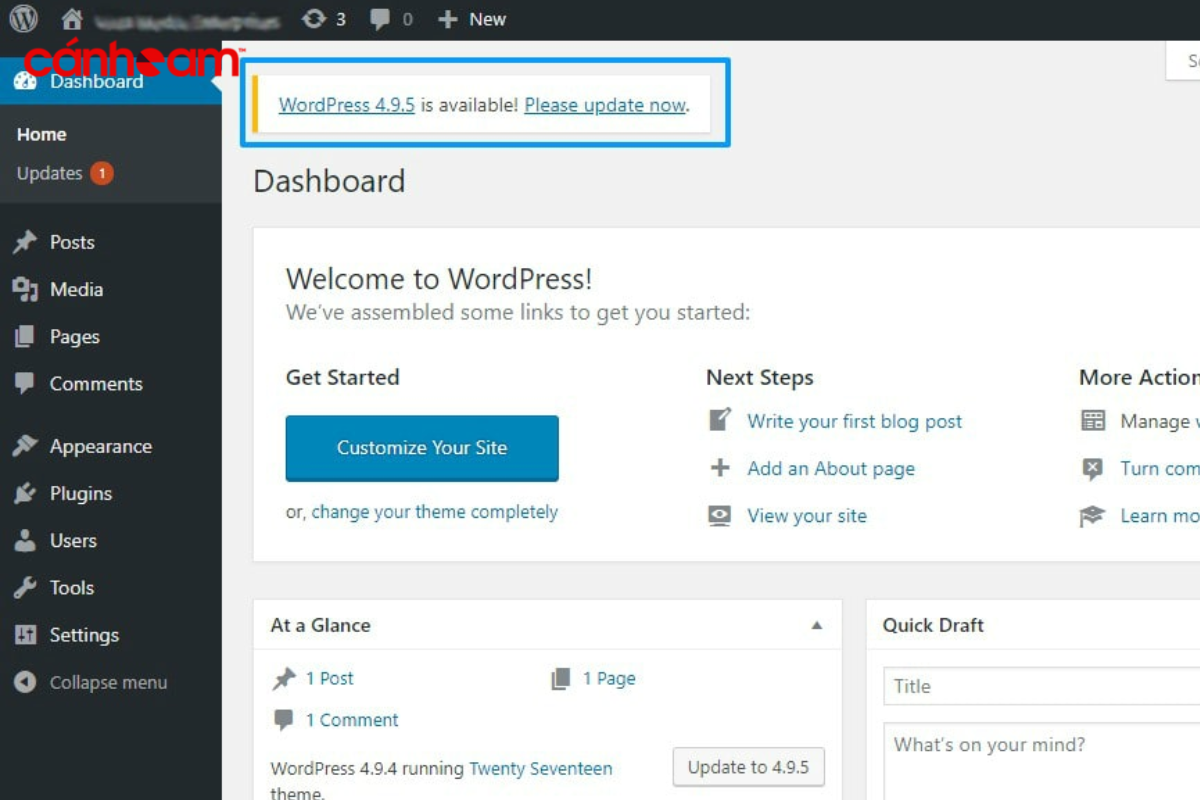 Trang Admin Dashboard sẽ hiện lên thông báo khi có bản WordPress update core