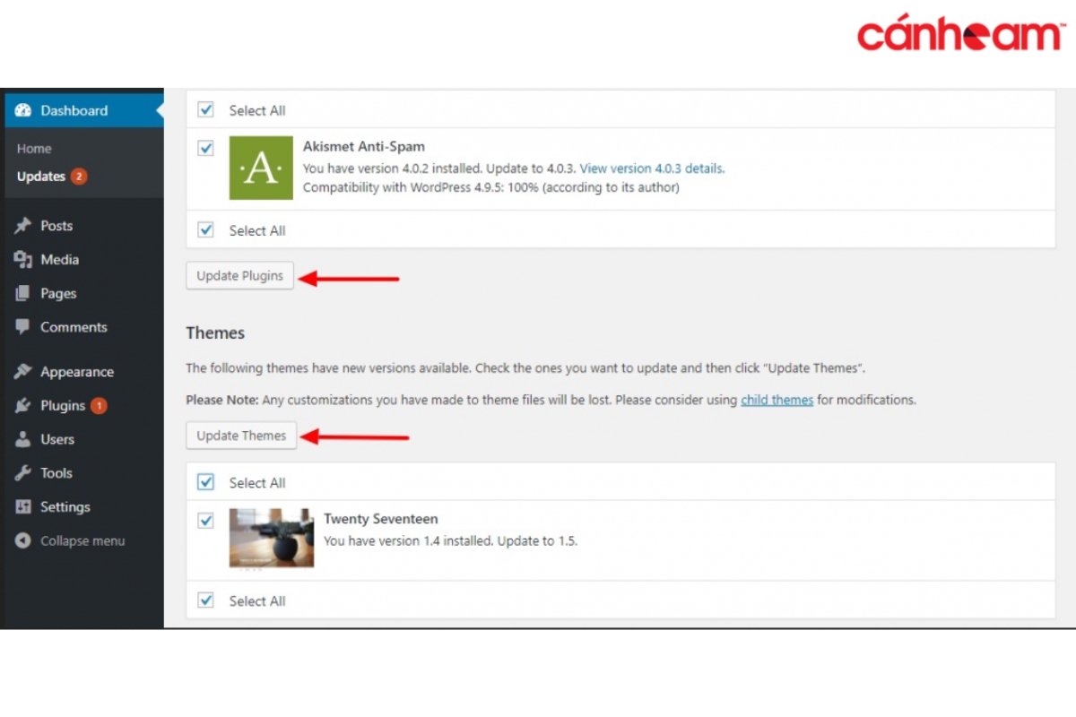 Cách nâng cấp phiên bản Plugins và Themes cho WordPress