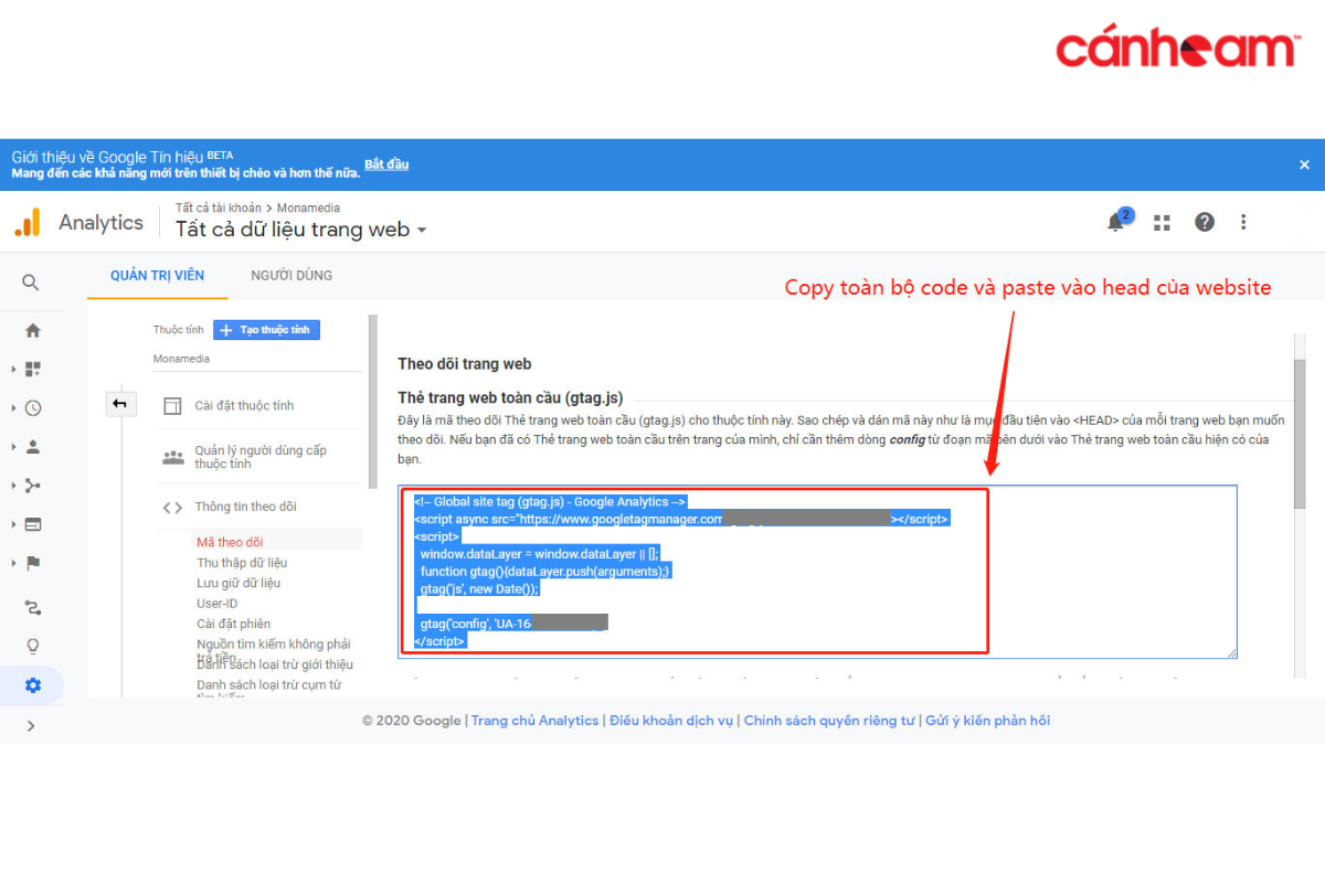 Thiết lập code ID tracking của Google Analytics cho website