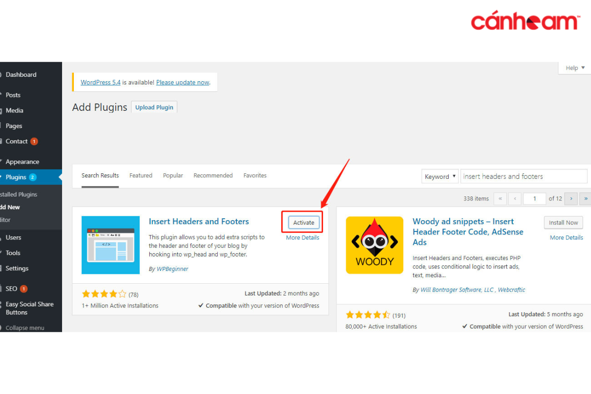 Cài đặt và active Insert Headers and Footers trong mục Plugin của website