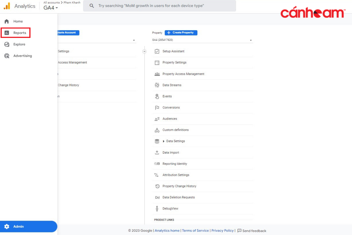 Góc trái màn hình sẽ có nút Report giúp bạn check cài đặt Google Analytics