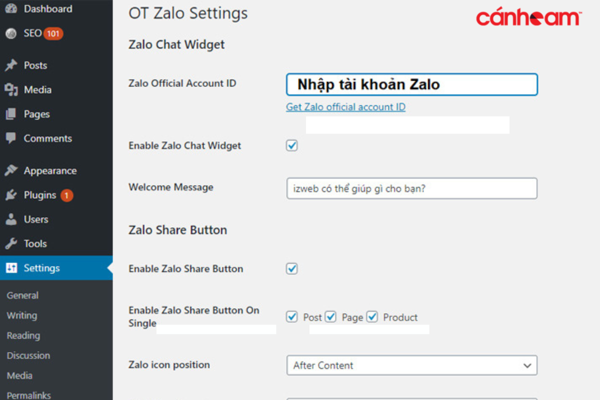 Cài đặt plugin Zalo OA trong phần setting tại website