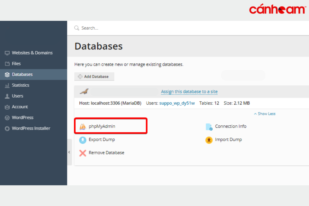 Chọn phpMyAdmin trong bảng database