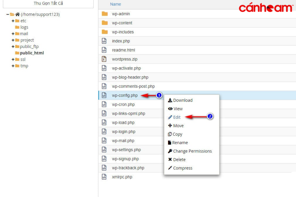 Chọn chỉnh sửa tại mục wp-config.php để cập nhập