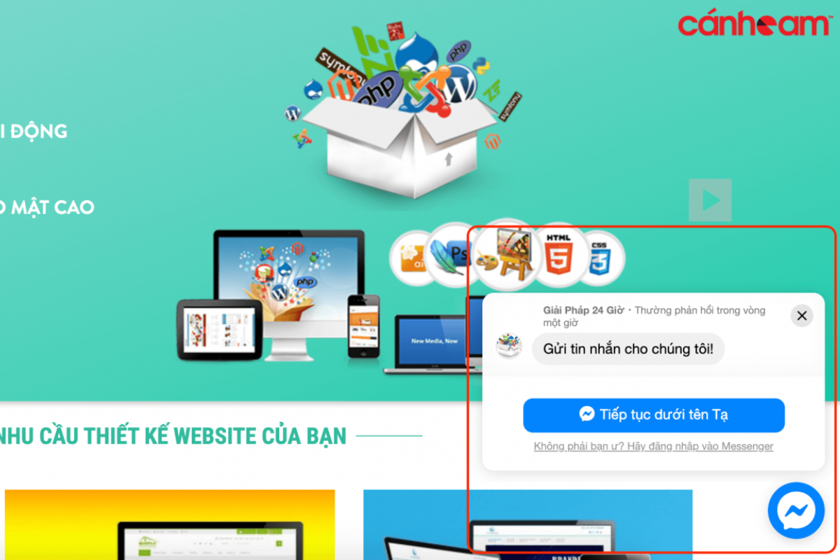 Hình ảnh tích hợp Messenger vào website thành công