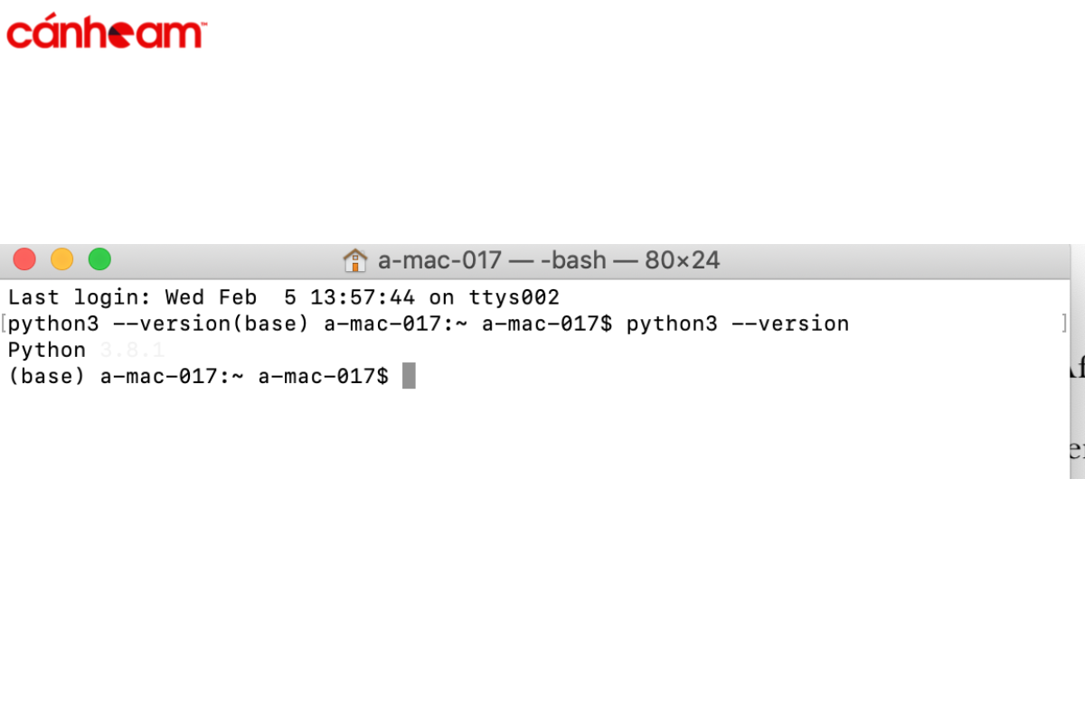 Mở terminal window => Nhập python để kiểm tra, xuất hiện thông báo như trên đây là đã cài đặt thành công.