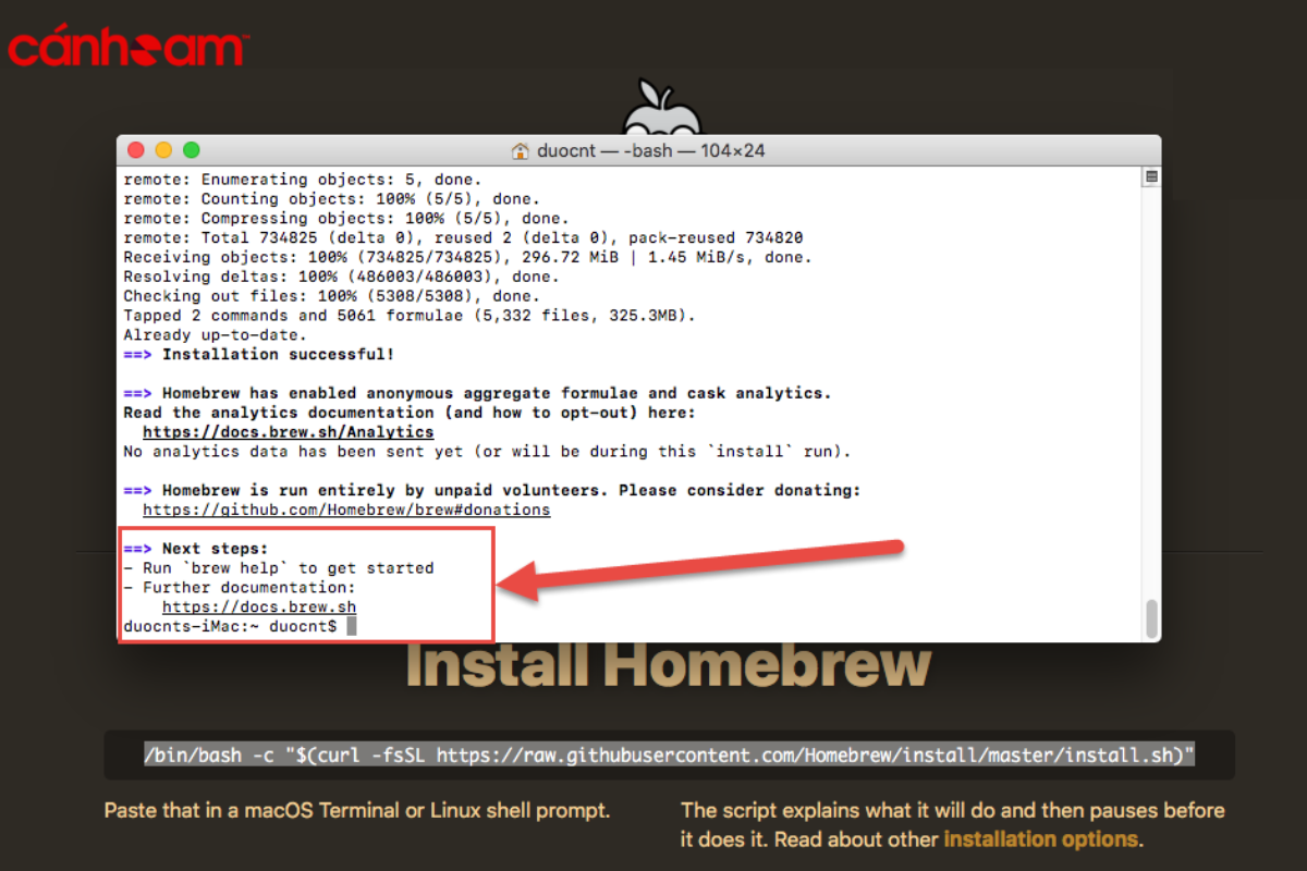 Khi Terminal xuất hiện là tiến trình Install HomeBrew đã hoàn tất.