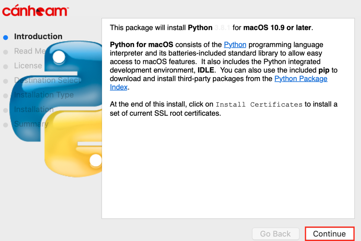 Giao diện cửa sổ Python hiện lên => Nhấp vào Continue