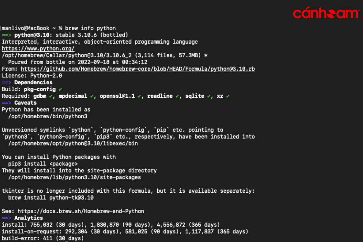 Cài đặt Python với Homebrew với thao tác nhập lệnh “brew install python3”. Điều này sẽ giúp download và cài đặt phiên bản Python mới nhất trên máy của bạn.