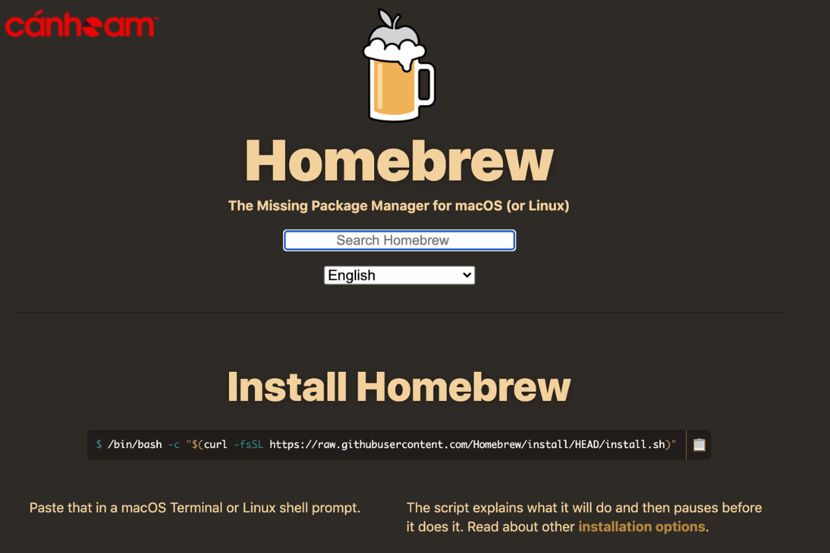 Giao diện website của Homebrew cho macOS