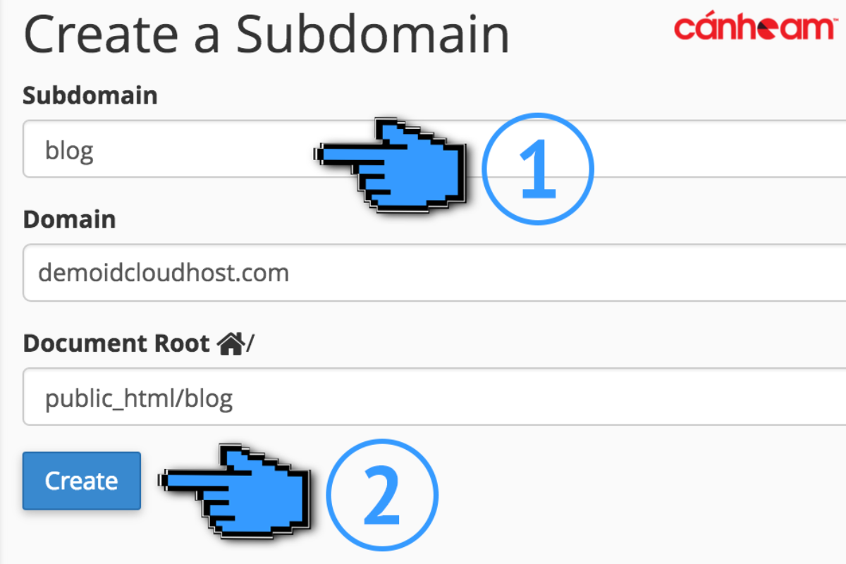 Nhập vào khung “ Subdomain” rồi nhấn nút “Create”