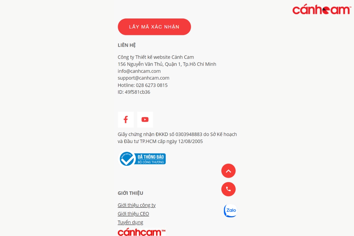 Footer trang web Cánh Cam khi hiển thị trên di động