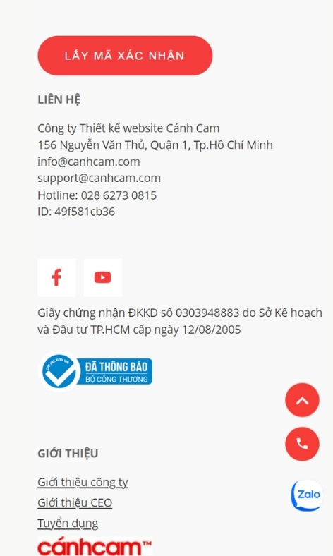 Footer trang web Cánh Cam khi hiển thị trên di động