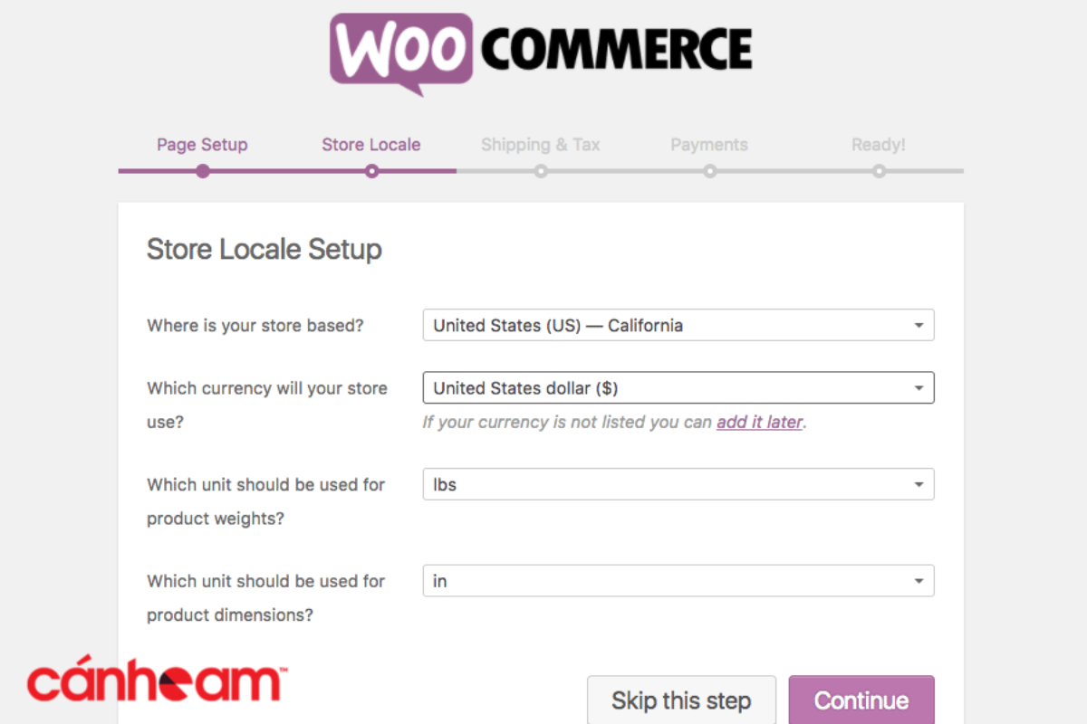 Hệ thống sẽ hiển thị lần lượt các mục cơ bản để bạn thiết lập WooCommerce
