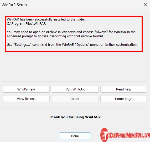 Hoàn tất cài đặt WinRAR