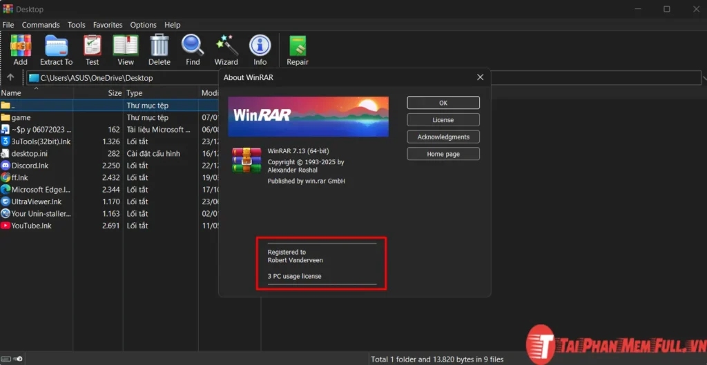 Kiểm tra kích hoạt WinRAR thành công