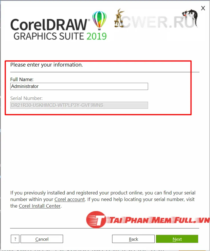 Nhập thông tin người dùng cài đặt Corel