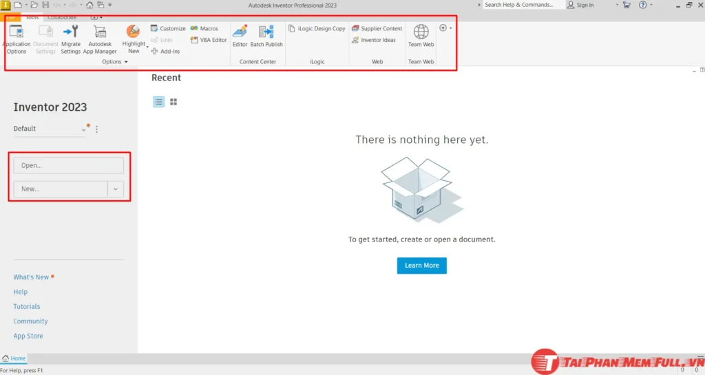 Giao diện không gian làm việc chính của Autodesk Inventor sau khi cài đặt thành công