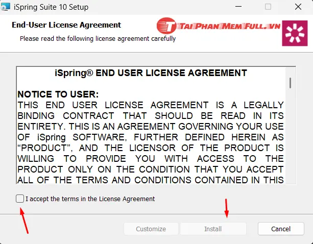 Chấp nhận điều khoản và bắt đầu cài đặt