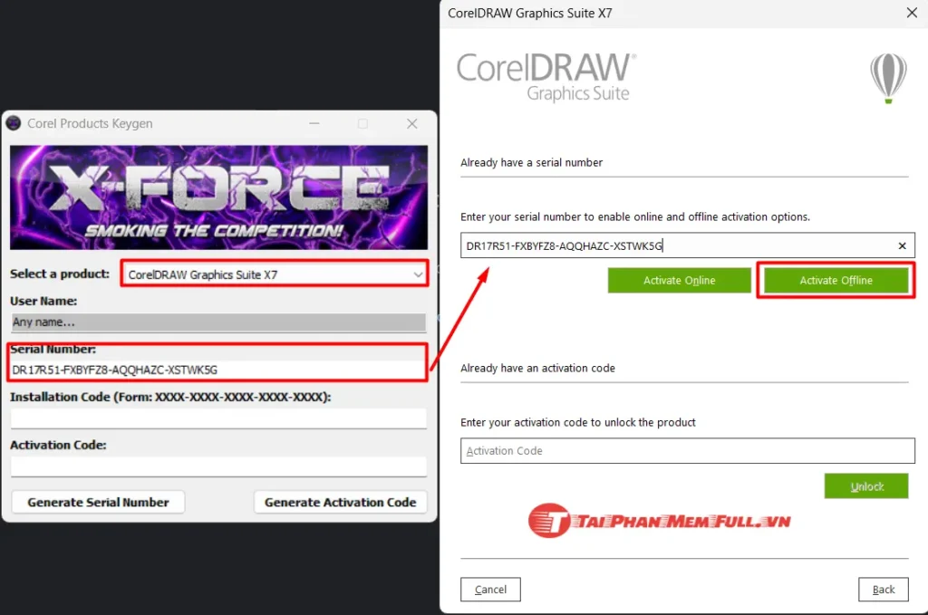 Bước 16 lấy Serial Number từ Keygen nhập vào Corel X7
