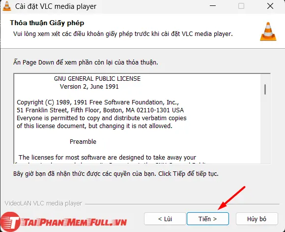 tiếp tục Bước 3 quá trình cài đặt VLC Media Player